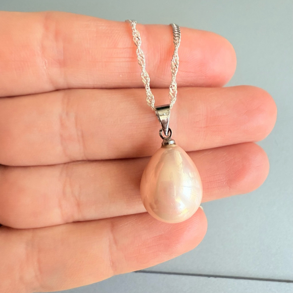 Rose Pink Faux Pearl Simulant Pear TearDrop Pendant Sterling Silver Necklace - Picture 3 of 7
